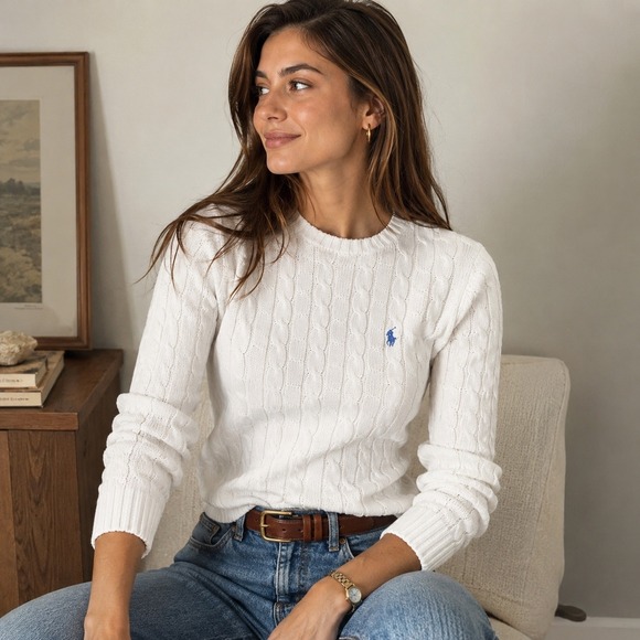 Ralph Lauren Sweaters - Ralph Lauren White Cable Knit Crewneck Sweater with Blue Pony